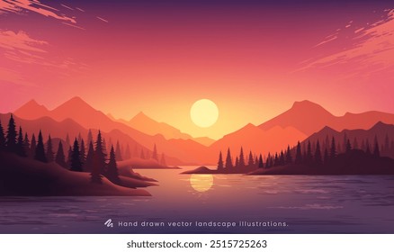 Hand painted horizontal landscape illustrations of mountains and lakes at sunset or sunrise