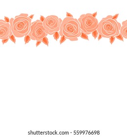 Hand painted horizontal sketch with abstract rose flowers in orange colors. Floral card design with copy space (place for your text). Watercolor orange roses seamless pattern.