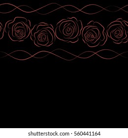 Hand painted horizontal sketch with abstract rose flowers in black and pink colors. Floral card design with copy space (place for your text). Dashed black and pink roses silhouette seamless pattern.