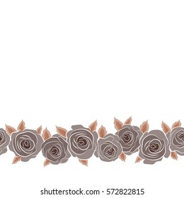 Hand painted horizontal sketch with abstract rose flowers in brown colors. Floral card design with copy space (place for your text). Watercolor brown roses seamless pattern.