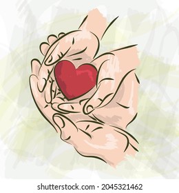 hand painted illustration adult   child holding red heart  health care  family donation   insurance concept  world heart day  world health day  CSR responsibility  foster family adoption  hope 