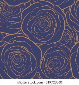 Hand painted illustration in blue colors. Vector monochrome rose flowers seamless pattern.