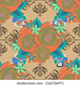 Hand painted illustration in blue, orange and beige colors. Vector rose flowers seamless pattern.