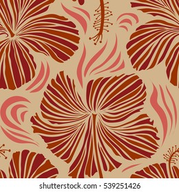 Hand painted illustration in brown, beige and red colors. Vector tropical leaves and brown, beige and red flowers seamless pattern.