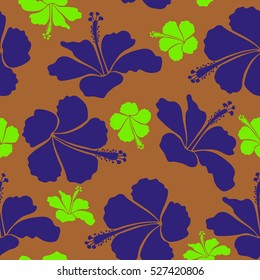 Hand painted illustration in brown, violet and green colors. Vector tropical leaves and brown, violet and green flowers seamless pattern.
