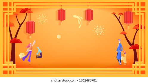 Hand painted illustration of a family of four at home for the Spring Festival in 2021