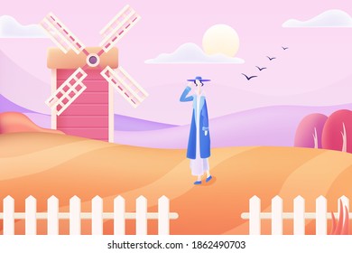 Hand painted illustration of the girl in front of the windmill on the farm in autumn
