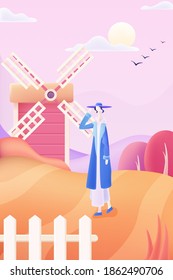 Hand painted illustration of the girl in front of the windmill on the farm in autumn