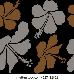 Hand painted illustration in gray and brown colors on a black background. Vector tropical leaves and flowers seamless pattern.