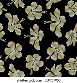 Hand painted illustration in gray and neutral colors on a black background. Vector tropical leaves and flowers seamless pattern.