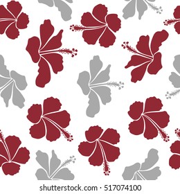 Hand painted illustration in gray and red colors on a white background. Vector tropical leaves and flowers seamless pattern.