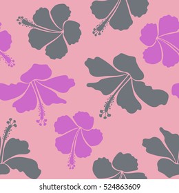 Hand painted illustration in gray, violet and pink colors. Vector tropical leaves and gray, violet and pink flowers seamless pattern.