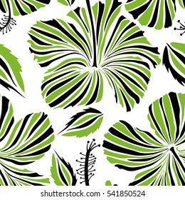 Hand painted illustration in green and black colors on a white background. Vector tropical leaves and flowers.