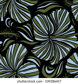 Hand painted illustration in green and blue colors on a black background. Vector tropical leaves and flowers seamless pattern.