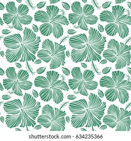 Hand painted illustration in green colors on a white background. Vector tropical leaves and flowers seamless pattern.