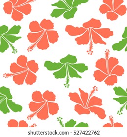 Hand painted illustration in green and orange colors on a white background. Vector tropical leaves and flowers seamless pattern.
