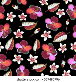 Hand painted illustration in green and pink colors on a black background. Vector tropical leaves and flowers seamless pattern.