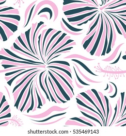 Hand painted illustration in neutral and blue colors on a white background. Vector tropical leaves and flowers seamless pattern.