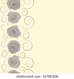 Hand painted illustration in neutral, green and beige colors with copy space (place for your text). Vector vertical rose flowers seamless pattern.