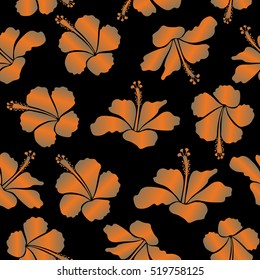 Hand painted illustration in orange and beige colors on a black background. Vector tropical leaves and flowers.