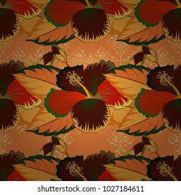 Hand painted illustration in orange, brown and green colors. Vector tropical leaves and orange, brown and green flowers.