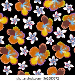 Hand painted illustration in orange, neutral and blue colors on a black background. Vector tropical leaves and flowers seamless pattern.