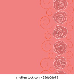 Hand painted illustration in orange and pink colors with copy space (place for your text). Vector vertical rose flowers seamless pattern.