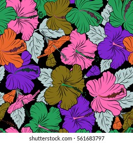 Hand painted illustration in orange, violet and pink colors on a black background. Vector tropical leaves and flowers seamless pattern.
