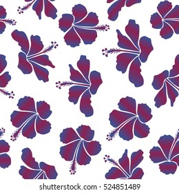 Hand painted illustration in purple and violet colors on a white background. Vector tropical leaves and flowers seamless pattern.