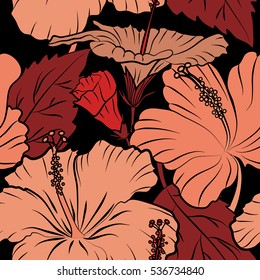 Hand painted illustration in red and orange colors on a black background. Vector tropical leaves and flowers seamless pattern.