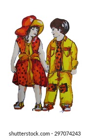 Hand painted illustration of two children. Twins. Boy and girl. Friends.