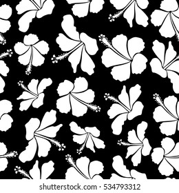 Hand painted illustration in white colors on a black background. Vector tropical leaves and flowers seamless pattern.