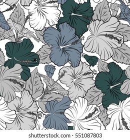 Hand painted illustration in white and gray colors on a white background. Vector tropical leaves and flowers seamless pattern.