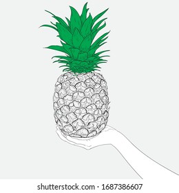 Hand painted illustration of a woman carrying pineapples.Doodle art concept,illustration painting