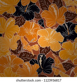 Hand painted illustration in yellow, black and orange colors. Vector tropical leaves and yellow, black and orange flowers.