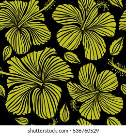 Hand painted illustration in yellow colors on a black background. Vector tropical leaves and flowers seamless pattern.