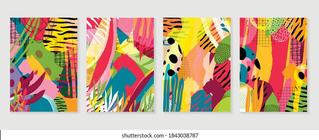 Hand painted illustrations wall arts vector. Surface pattern design. Abstract art textile design with literature or natural tropical line arts painting, Covering greetings cards, cover, print, fabrics