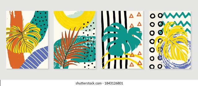 Hand painted illustrations wall arts vector. Surface pattern design. Abstract art textile design with literature or natural tropical line arts painting, Covering greetings cards, cover, print, fabrics