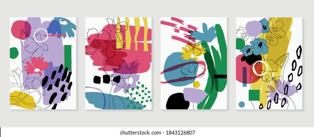 Hand painted illustrations wall arts vector. Surface pattern design. Abstract art textile design with literature or natural tropical line arts painting, Covering greetings cards, cover, print, fabrics