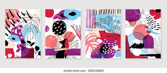 Hand painted illustrations wall arts vector. Surface pattern design. Abstract art textile design with literature or natural tropical line arts painting, Covering greetings cards, cover, print, fabrics