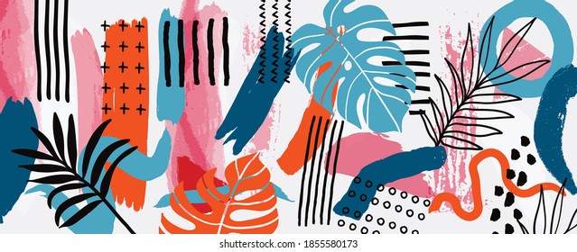 Hand painted illustrations wall arts vector. Surface pattern design. Abstract art textile design with literature or natural tropical line arts painting, Covering greetings cards, cover, print, fabrics