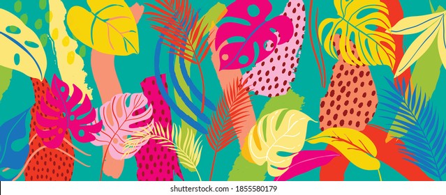 Hand Painted Illustrations Wall Arts Vector. Surface Pattern Design. Abstract Art Textile Design With Literature Or Natural Tropical Line Arts Painting, Covering Greetings Cards, Cover, Print, Fabrics