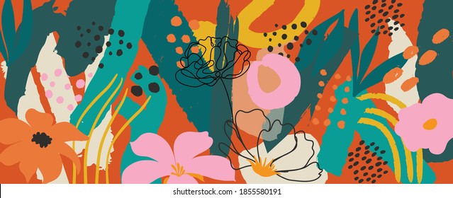Hand painted illustrations wall arts vector. Surface pattern design. Abstract art textile design with literature or natural tropical line arts painting, Covering greetings cards, cover, print, fabrics