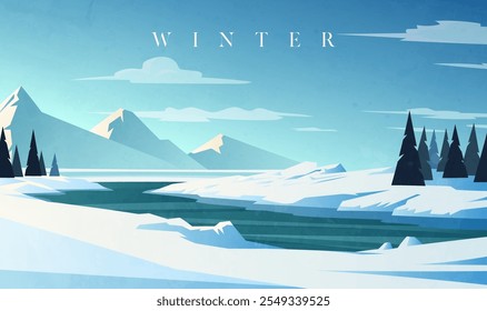 Las ilustraciones pintadas a mano de paisajes de invierno incluyen montañas cubiertas de nieve y ríos