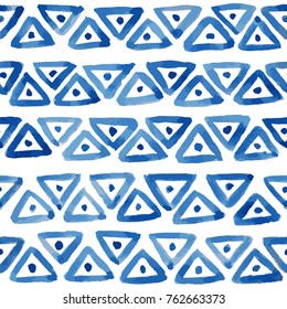 Hand painted indigo ornament with triangular shapes. Seamless vector pattern