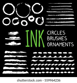 Hand painted ink blobs and brushes set. Hand drawn grunge circles. Black round buttons and strokes. Chalkboard effect. Graphic design element for web, corporate identity, cards. Vector illustration