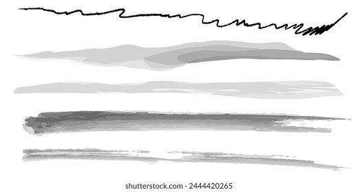Hand painted ink brush collection. Charcoal pencil straight horizontal lines grunge scribble black stroke vector set