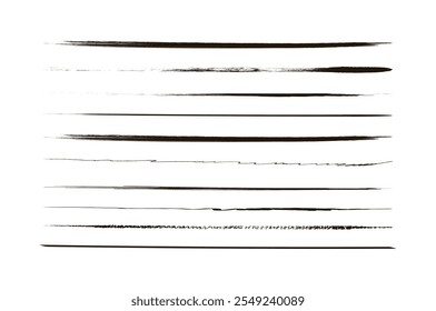 Hand painted ink brush set. Pack of pencils curved lines. Scribble border and ornament, template. Rough and dirty texture. Linear vector collection isolated on white background