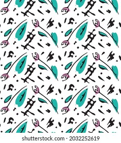Hand painted ink brush stroke seamless pattern. Orient style elegant design. Black contour of flowers, leaves, grunge spots in form of zigzag line. White color background. Vector