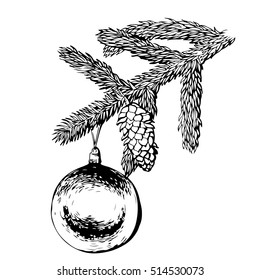 Hand painted ink illustration of fir branch with Christmas ball and cone